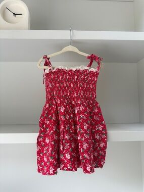 Vintage Handmade Red Floral Smocked Sundress with Tie Straps